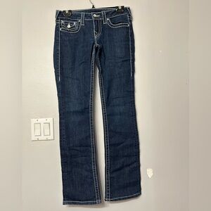 Authentic dark blue True Religions, Gem detailing throughout. Size 27